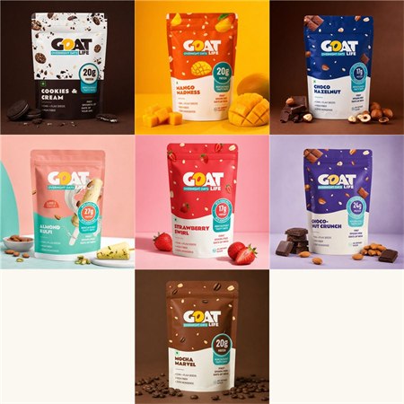 Collage of seven GOAT Life high protein oats flavours