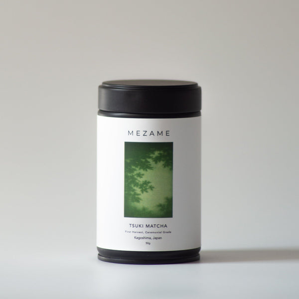Mezame Tsuki Matcha tin on a clean neutral background