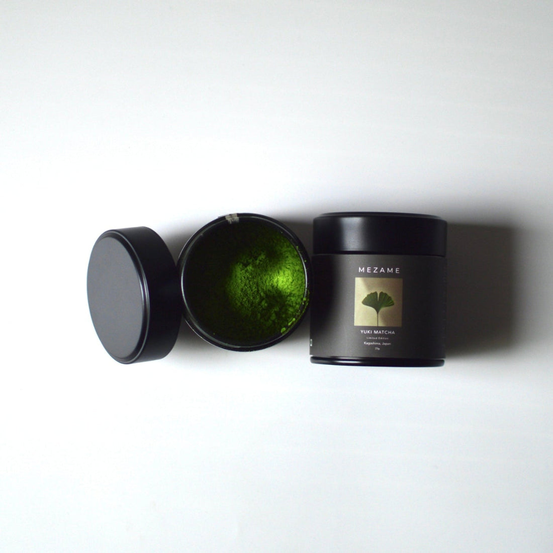 Mezame Yuki Matcha tin with opened ceremonial matcha powder